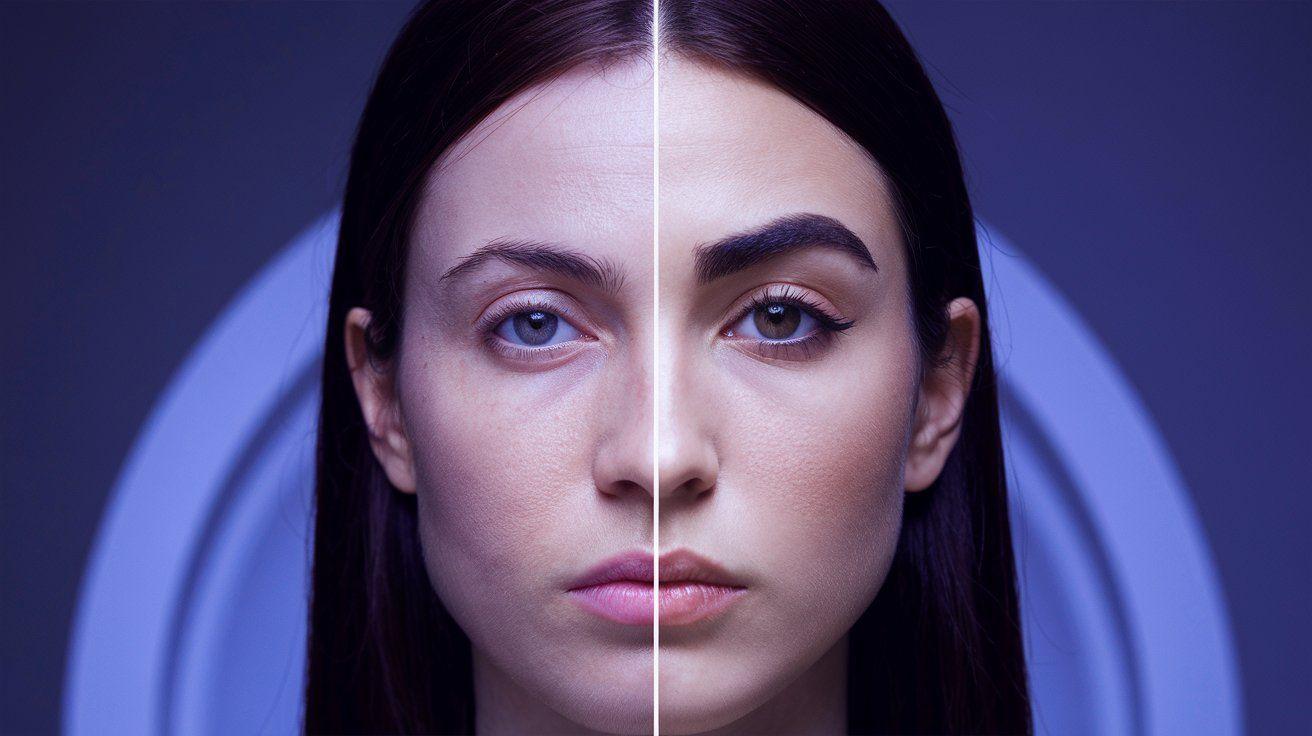 Split image of a woman's face showing natural versus makeup-enhanced features.