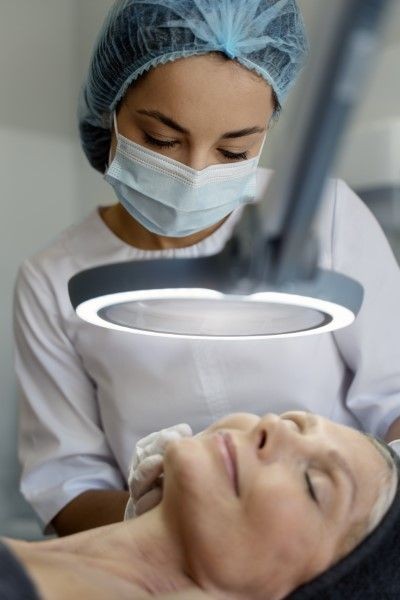 imagen de una doctora especialista en estética facial que examina cuidadosamente el rostro de su paciente bajo una lámpara con halo de luz como parte del procedimiento de rejuvenecimiento facial