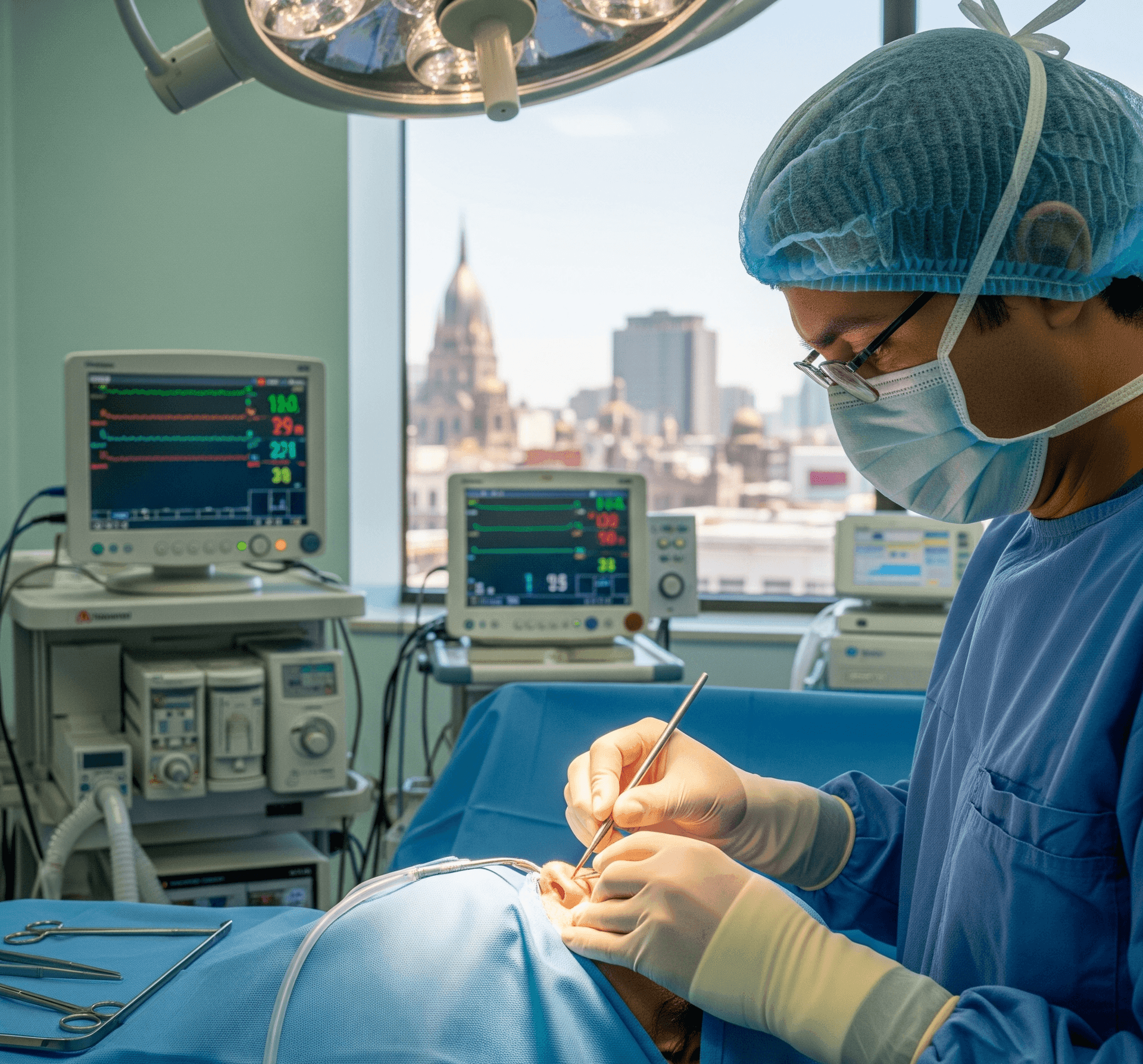 Fotografía de un cirujano realizando una rinoplastia en Guadalajara durante el día y en su consultorio quirúrgico