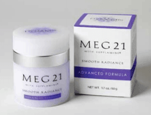 MEG 21 Smooth Radiance cream jar with box packaging, labeled advanced formula.