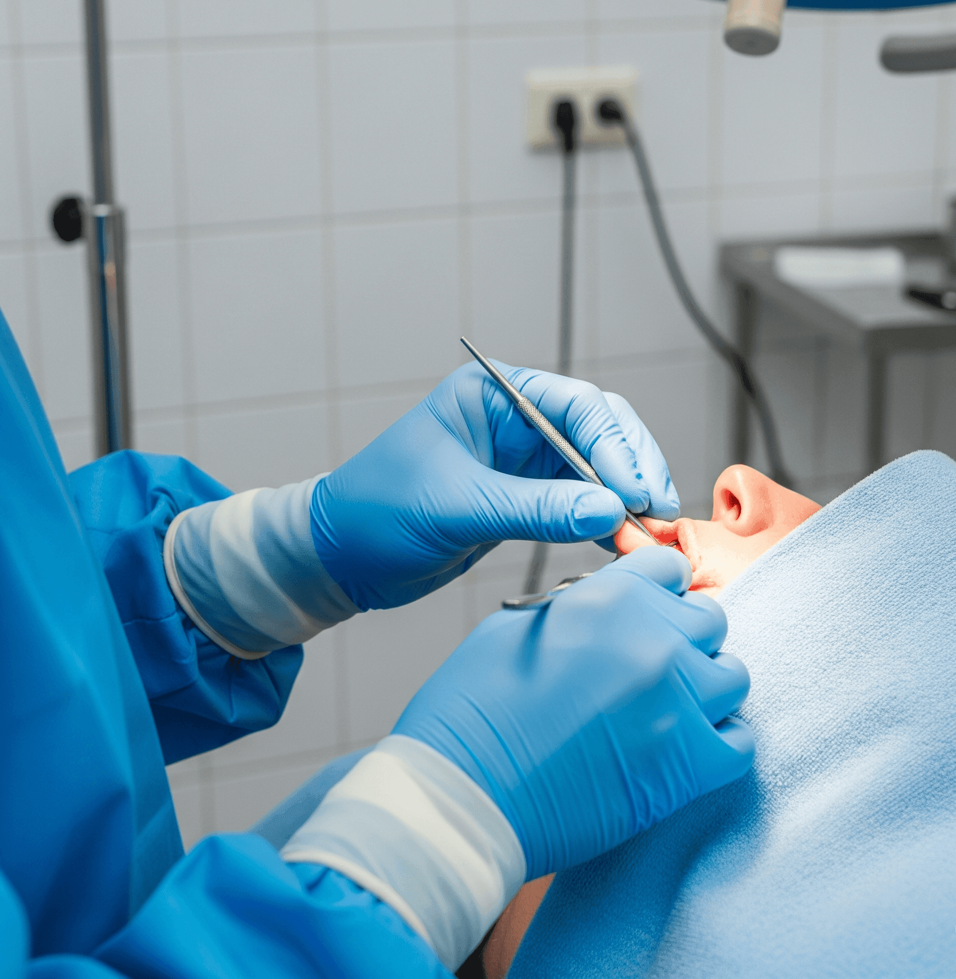 Foto de un Doctor realizando una bichectomia en Guadalajar dentro de su cuarto quirúrgico a una paciente de PARS