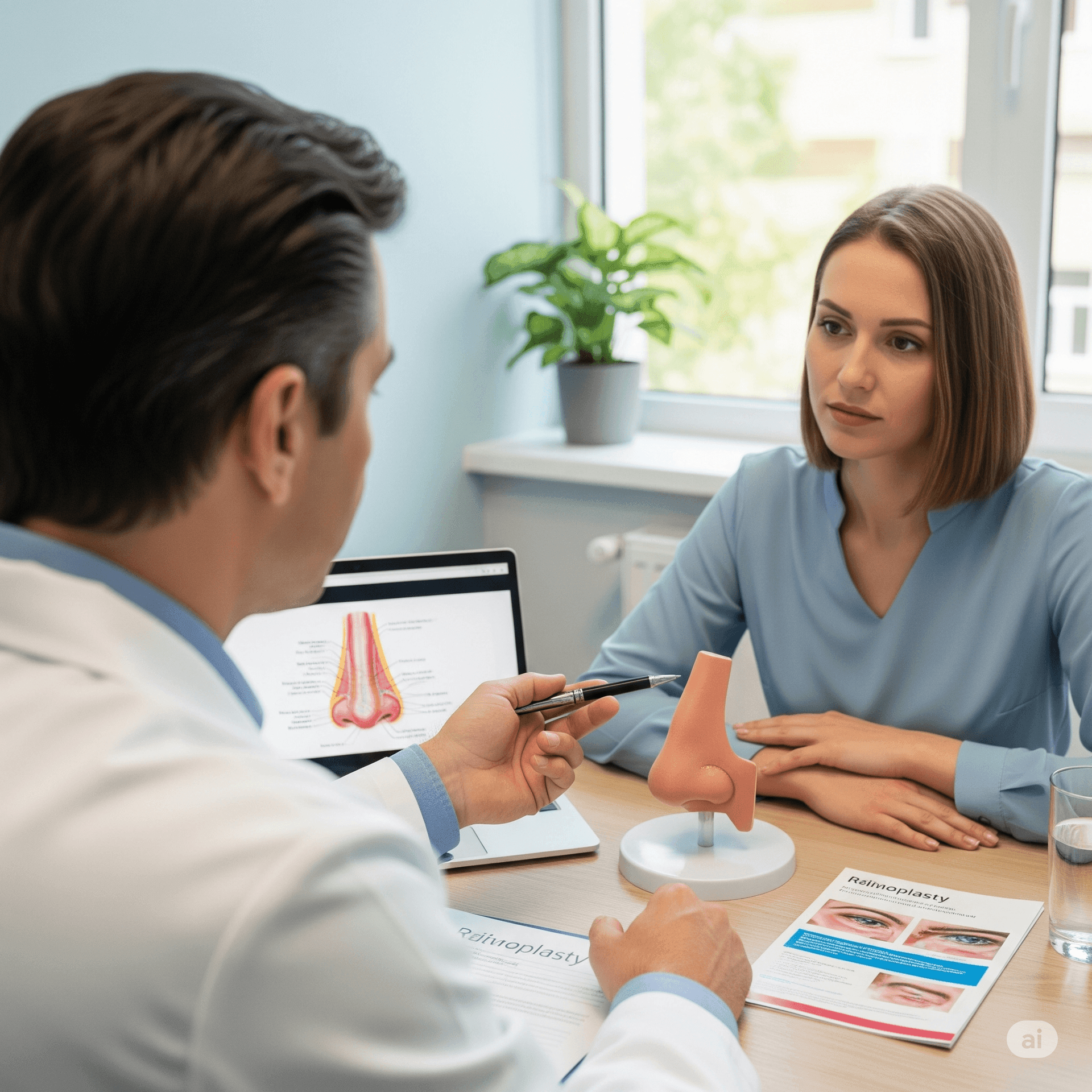 Fotografía de un Doctor conversando sobre la rinoplastia en Guadalajara de PARS a una paciente en su consultorio
